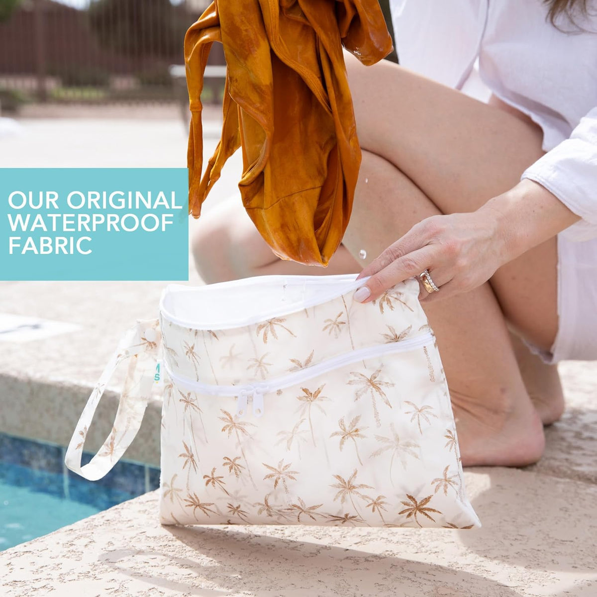 Waterproof Wet Bag for Baby, Travel, Swim Suit, Cloth Diapers, Pump Parts, Pool, Beach, Gym Clothes, Toiletry, Hook to Stroller, Daycare, Zip Reusable Wetdry Pack, 2-pk Palm Trees, Beige Check - Colors B