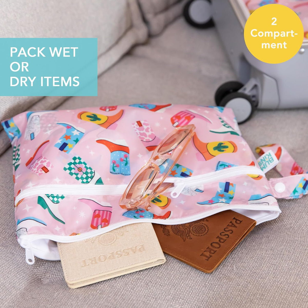 Waterproof Wet Bag for Baby, Travel, Swim Suit, Cloth Diapers, Pump Parts, Pool, Beach, Gym Clothes, Toiletry, Hook to Stroller, Daycare, Zip Reusable Wetdry Pack, 2-pk Palm Trees, Beige Check - Colors B