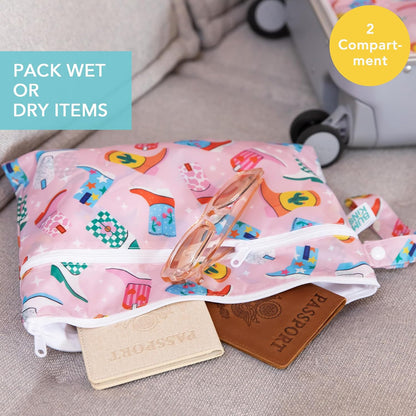 Waterproof Wet Bag for Baby, Travel, Swim Suit, Cloth Diapers, Pump Parts, Pool, Beach, Gym Clothes, Toiletry, Hook to Stroller, Daycare, Zip Reusable Wetdry Pack, 2-pk Palm Trees, Beige Check - Colors B