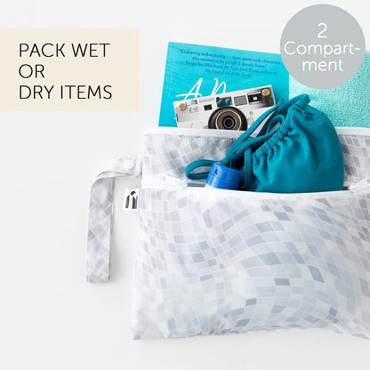 Waterproof Wet Bag for Baby, Travel, Swim Suit, Cloth Diapers, Pump Parts, Pool, Beach, Gym Clothes, Toiletry, Hook to Stroller, Daycare, Zip Reusable Wetdry Pack, 2-pk Palm Trees, Beige Check - Colors B
