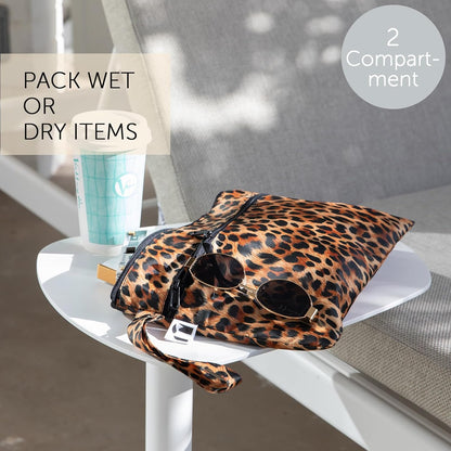 Waterproof Wet Bag for Baby, Travel, Swim Suit, Cloth Diapers, Pump Parts, Pool, Beach, Gym Clothes, Toiletry, Hook to Stroller, Daycare, Zip Reusable Wetdry Pack, 2-pk Palm Trees, Beige Check - Colors B