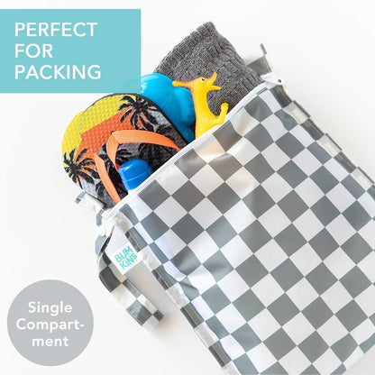 Waterproof Wet Bag for Baby, Travel, Swim Suit, Cloth Diapers, Pump Parts, Pool, Beach, Gym Clothes, Toiletry, Hook to Stroller, Daycare, Zip Reusable Wetdry Pack, 2-pk Palm Trees, Beige Check - Colors B