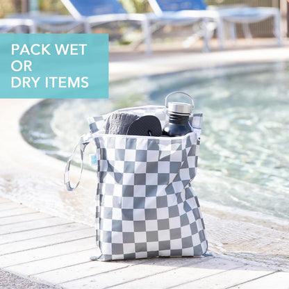 Waterproof Wet Bag for Baby, Travel, Swim Suit, Cloth Diapers, Pump Parts, Pool, Beach, Gym Clothes, Toiletry, Hook to Stroller, Daycare, Zip Reusable Wetdry Pack, 2-pk Palm Trees, Beige Check - Colors B