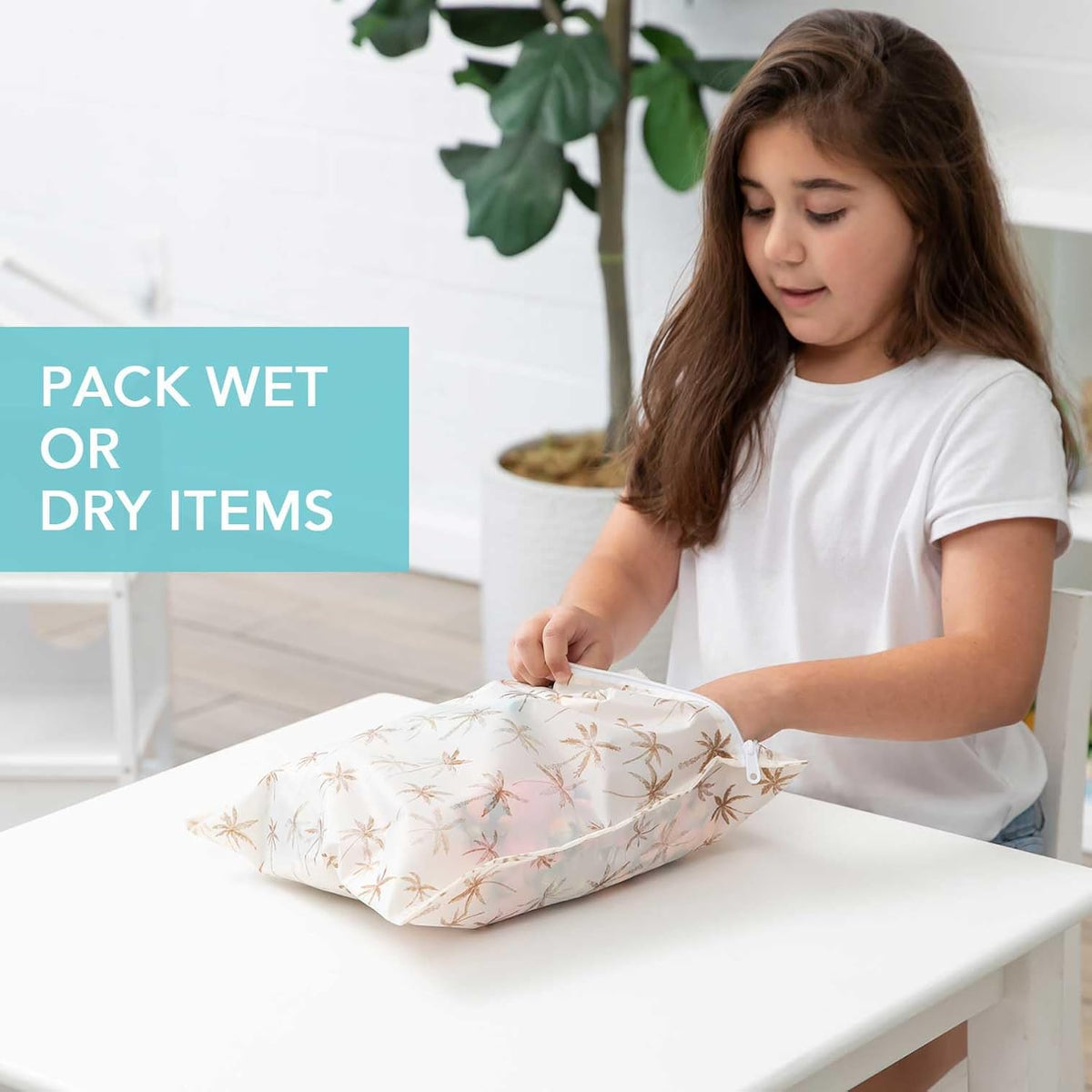 Waterproof Wet Bag for Baby, Travel, Swim Suit, Cloth Diapers, Pump Parts, Pool, Beach, Gym Clothes, Toiletry, Hook to Stroller, Daycare, Zip Reusable Wetdry Pack, 2-pk Palm Trees, Beige Check - Colors B