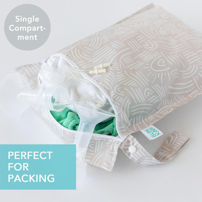 Waterproof Wet Bag for Baby, Travel, Swim Suit, Cloth Diapers, Pump Parts, Pool, Beach, Gym Clothes, Toiletry, Hook to Stroller, Daycare, Zip Reusable Wetdry Pack, 2-pk Palm Trees, Beige Check - Colors B