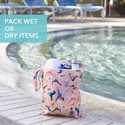 Waterproof Wet Bag for Baby, Travel, Swim Suit, Cloth Diapers, Pump Parts, Pool, Beach, Gym Clothes, Toiletry, Hook to Stroller, Daycare, Zip Reusable Wetdry Pack, 2-pk Palm Trees, Beige Check - Colors B