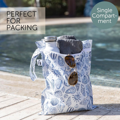 Waterproof Wet Bag for Baby, Travel, Swim Suit, Cloth Diapers, Pump Parts, Pool, Beach, Gym Clothes, Toiletry, Hook to Stroller, Daycare, Zip Reusable Wetdry Pack, 2-pk Palm Trees, Beige Check - Colors B