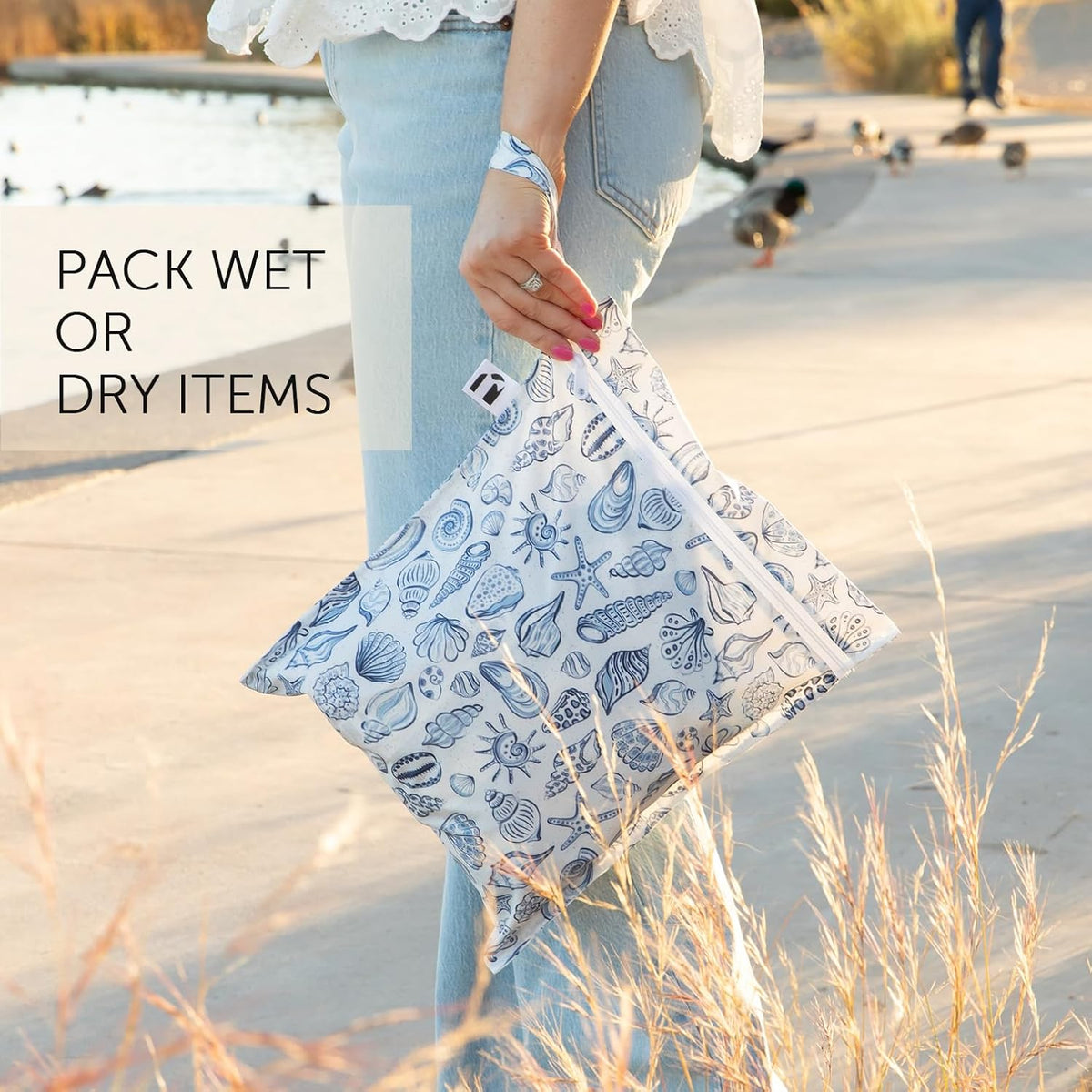 Waterproof Wet Bag for Baby, Travel, Swim Suit, Cloth Diapers, Pump Parts, Pool, Beach, Gym Clothes, Toiletry, Hook to Stroller, Daycare, Zip Reusable Wetdry Pack, 2-pk Palm Trees, Beige Check - Colors B