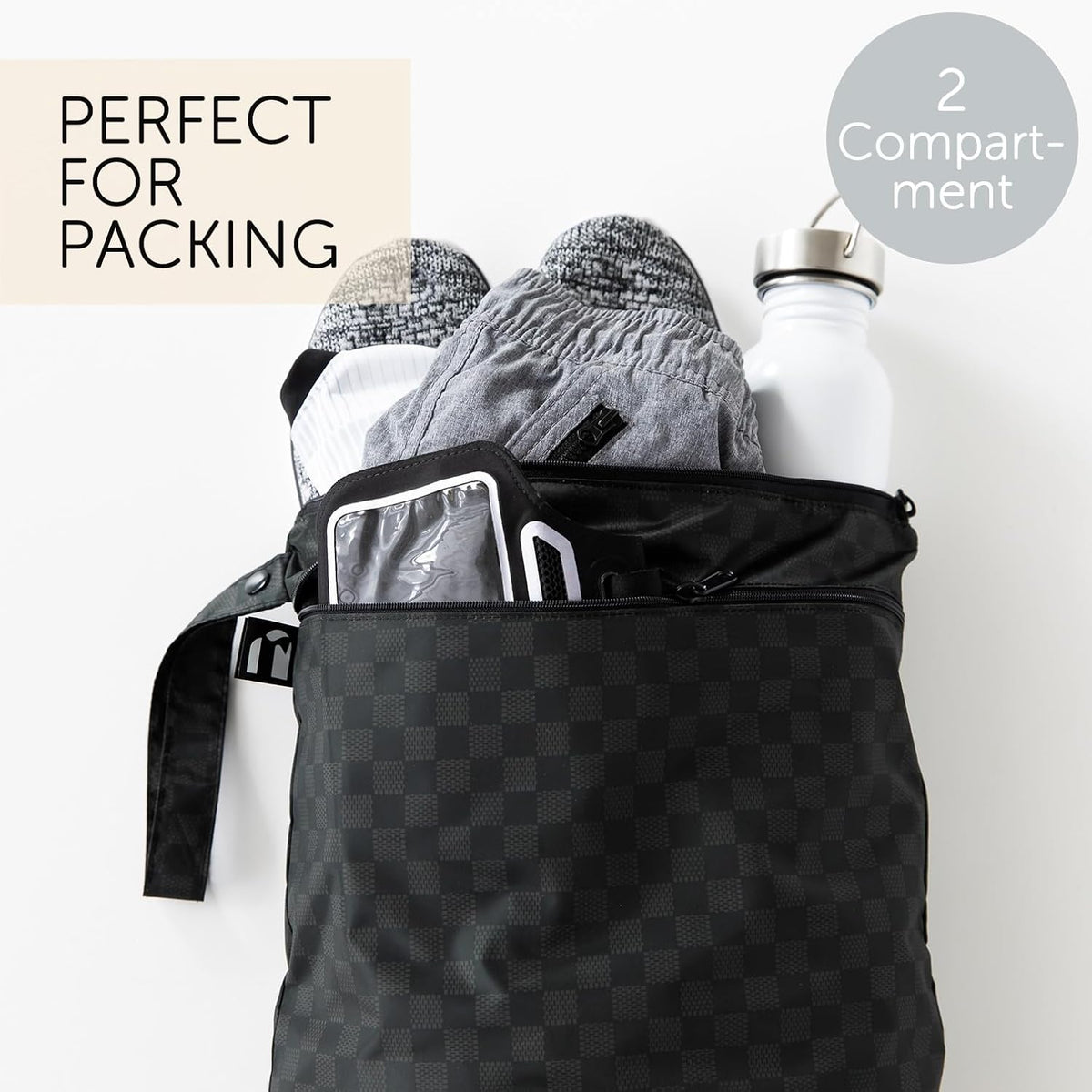 Waterproof Wet Bag for Baby, Travel, Swim Suit, Cloth Diapers, Pump Parts, Pool, Beach, Gym Clothes, Toiletry, Hook to Stroller, Daycare, Zip Reusable Wetdry Pack, 2-pk Palm Trees, Beige Check - Colors B