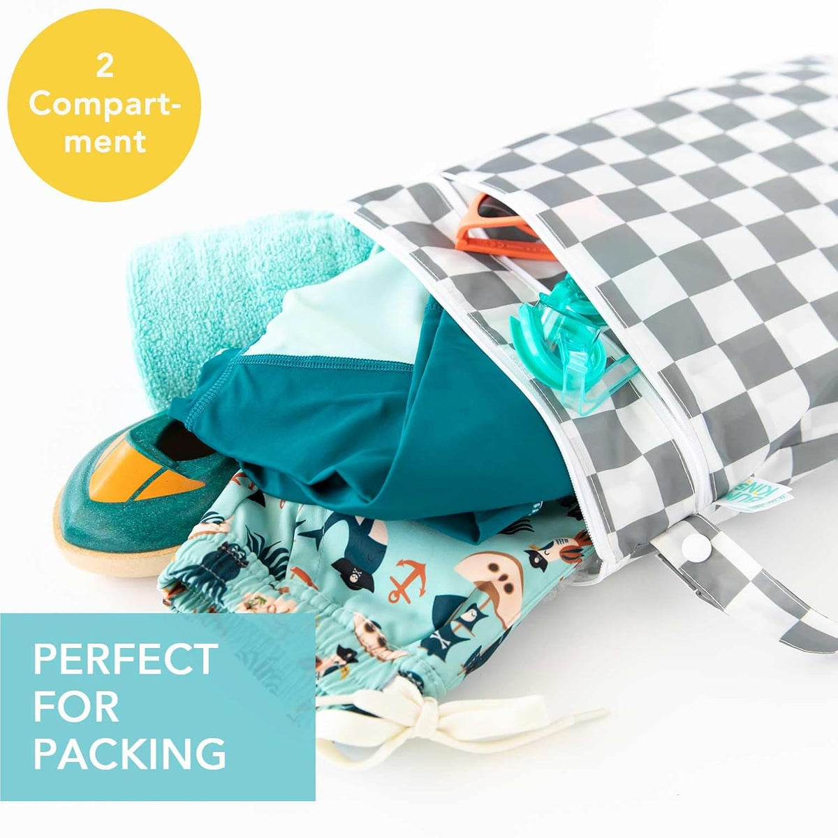 Waterproof Wet Bag for Baby, Travel, Swim Suit, Cloth Diapers, Pump Parts, Pool, Beach, Gym Clothes, Toiletry, Hook to Stroller, Daycare, Zip Reusable Wetdry Pack, 2-pk Palm Trees, Beige Check - Colors B