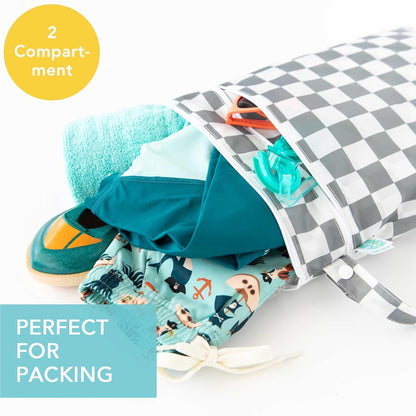 Waterproof Wet Bag for Baby, Travel, Swim Suit, Cloth Diapers, Pump Parts, Pool, Beach, Gym Clothes, Toiletry, Hook to Stroller, Daycare, Zip Reusable Wetdry Pack, 2-pk Palm Trees, Beige Check - Colors B