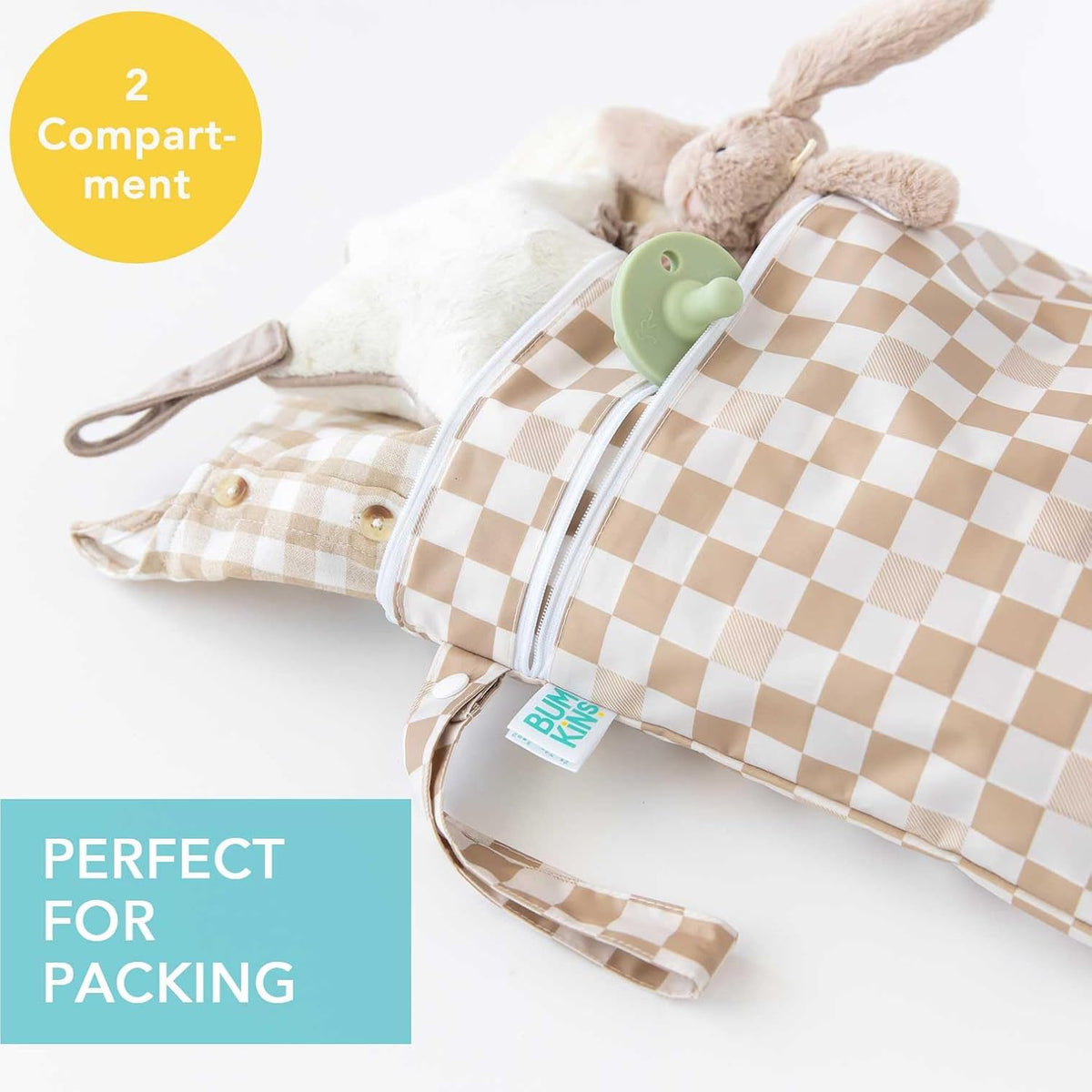 Waterproof Wet Bag for Baby, Travel, Swim Suit, Cloth Diapers, Pump Parts, Pool, Beach, Gym Clothes, Toiletry, Hook to Stroller, Daycare, Zip Reusable Wetdry Pack, 2-pk Palm Trees, Beige Check - Colors B