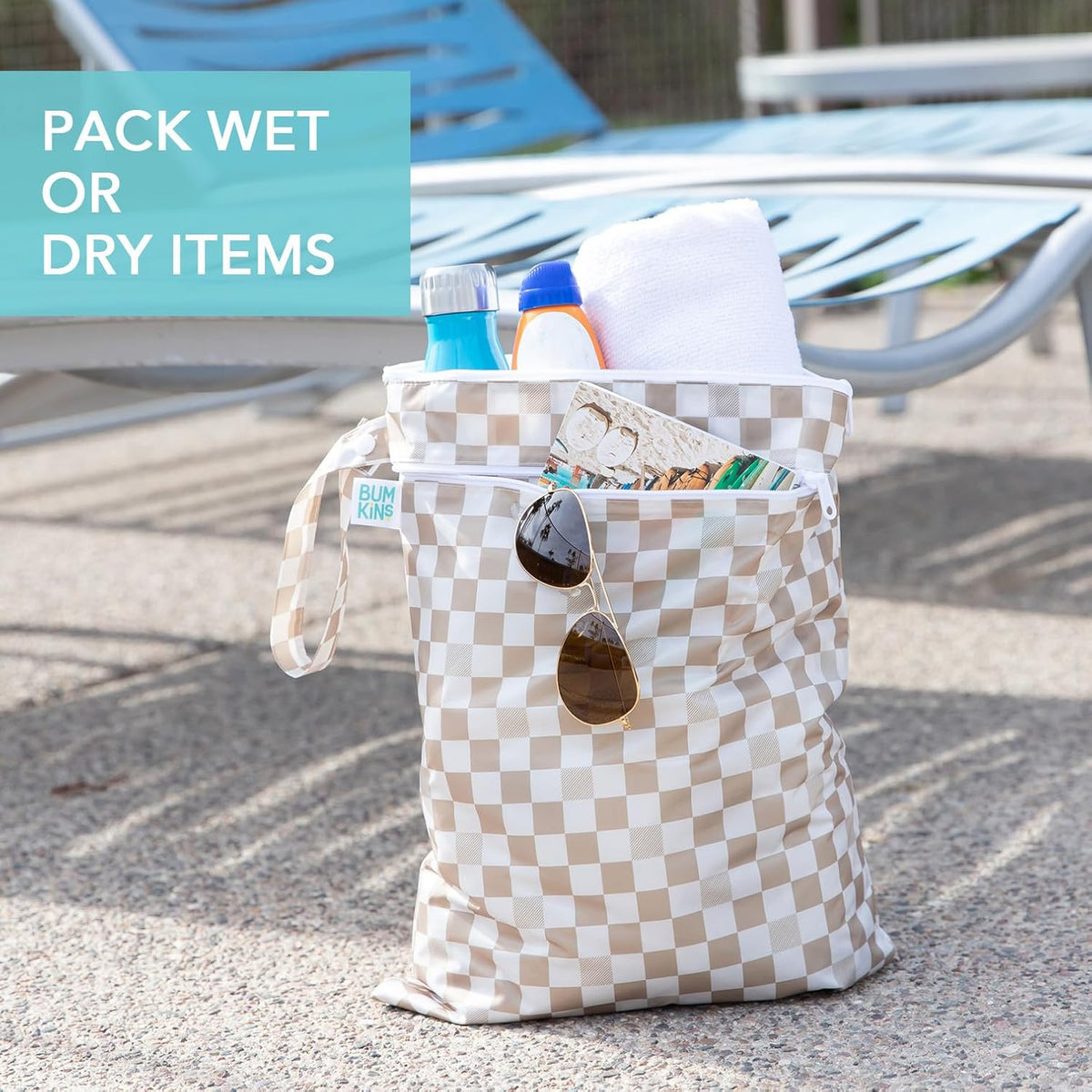 Waterproof Wet Bag for Baby, Travel, Swim Suit, Cloth Diapers, Pump Parts, Pool, Beach, Gym Clothes, Toiletry, Hook to Stroller, Daycare, Zip Reusable Wetdry Pack, 2-pk Palm Trees, Beige Check - Colors B