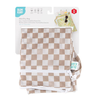 Waterproof Wet Bag for Baby, Travel, Swim Suit, Cloth Diapers, Pump Parts, Pool, Beach, Gym Clothes, Toiletry, Hook to Stroller, Daycare, Zip Reusable Wetdry Pack, 2-pk Palm Trees, Beige Check - Colors B