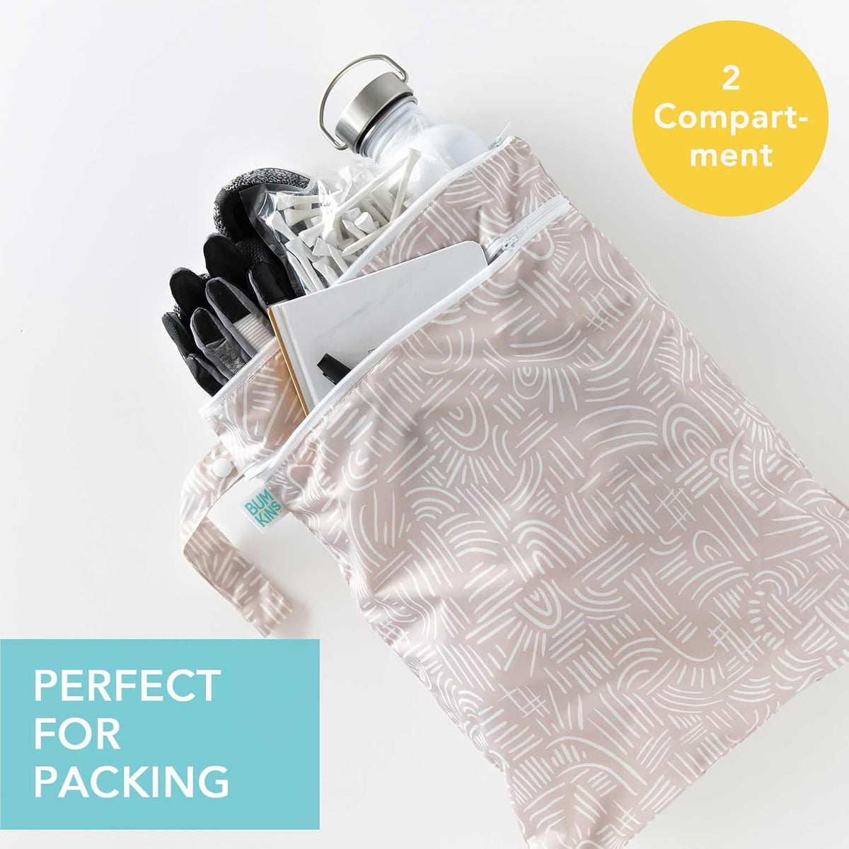 Waterproof Wet Bag for Baby, Travel, Swim Suit, Cloth Diapers, Pump Parts, Pool, Beach, Gym Clothes, Toiletry, Hook to Stroller, Daycare, Zip Reusable Wetdry Pack, 2-pk Palm Trees, Beige Check - Colors B