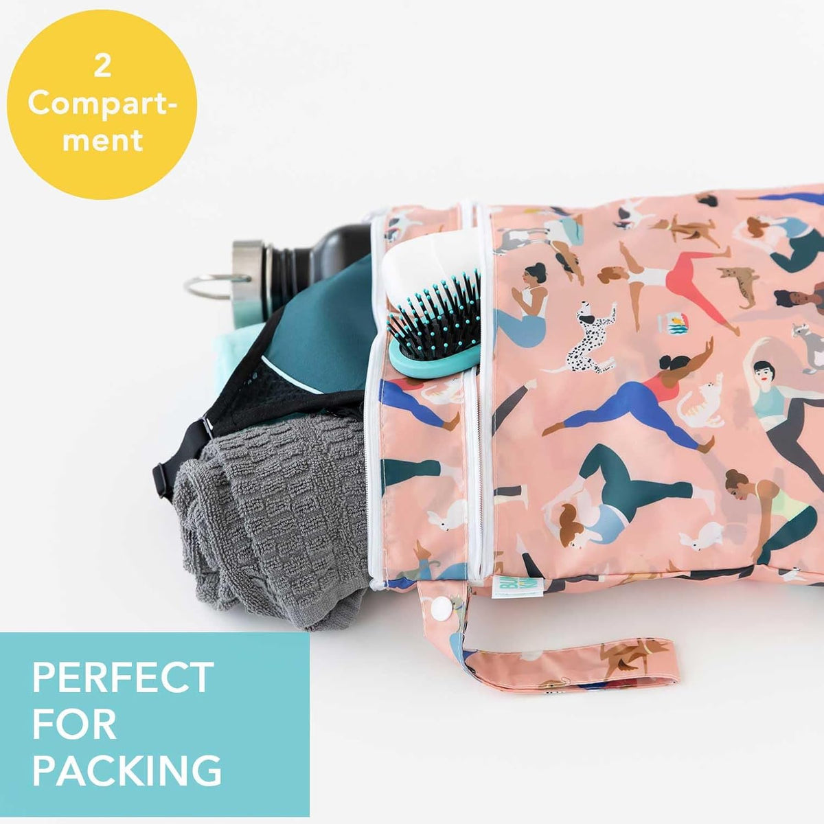 Waterproof Wet Bag for Baby, Travel, Swim Suit, Cloth Diapers, Pump Parts, Pool, Beach, Gym Clothes, Toiletry, Hook to Stroller, Daycare, Zip Reusable Wetdry Pack, 2-pk Palm Trees, Beige Check - Colors B