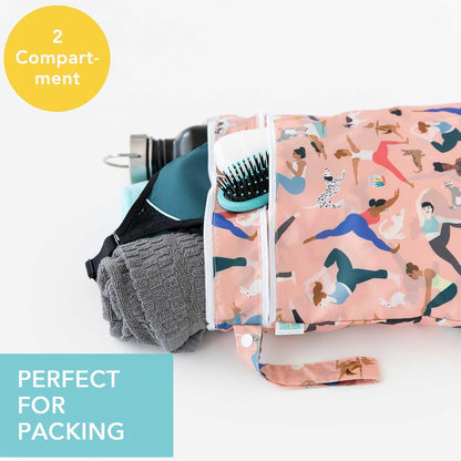 Waterproof Wet Bag for Baby, Travel, Swim Suit, Cloth Diapers, Pump Parts, Pool, Beach, Gym Clothes, Toiletry, Hook to Stroller, Daycare, Zip Reusable Wetdry Pack, 2-pk Palm Trees, Beige Check - Colors B