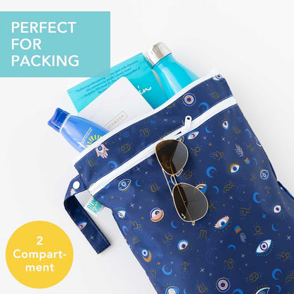 Waterproof Wet Bag for Baby, Travel, Swim Suit, Cloth Diapers, Pump Parts, Pool, Beach, Gym Clothes, Toiletry, Hook to Stroller, Daycare, Zip Reusable Wetdry Pack, 2-pk Palm Trees, Beige Check - Colors B