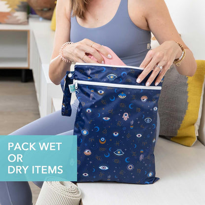 Waterproof Wet Bag for Baby, Travel, Swim Suit, Cloth Diapers, Pump Parts, Pool, Beach, Gym Clothes, Toiletry, Hook to Stroller, Daycare, Zip Reusable Wetdry Pack, 2-pk Palm Trees, Beige Check - Colors B