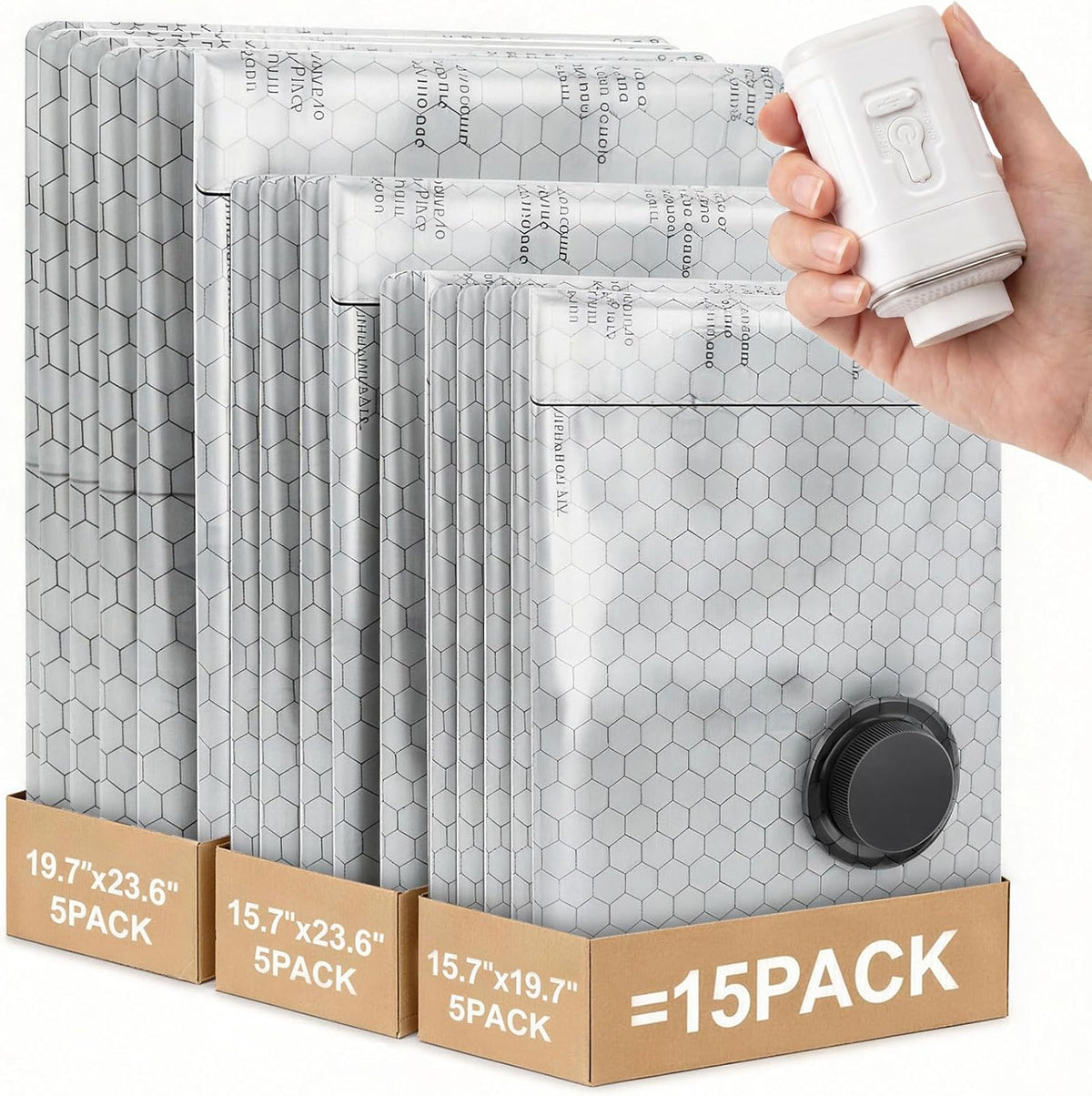Vacuum Storage Bags with Rechargeable Cordless Pump, 15 Pack Vacuum Seal Bags for Clothing Travel, Space Saver for Clothes, Bedding, Pillows, Seasonal Storage