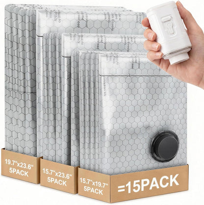 Vacuum Storage Bags with Rechargeable Cordless Pump, 15 Pack Vacuum Seal Bags for Clothing Travel, Space Saver for Clothes, Bedding, Pillows, Seasonal Storage