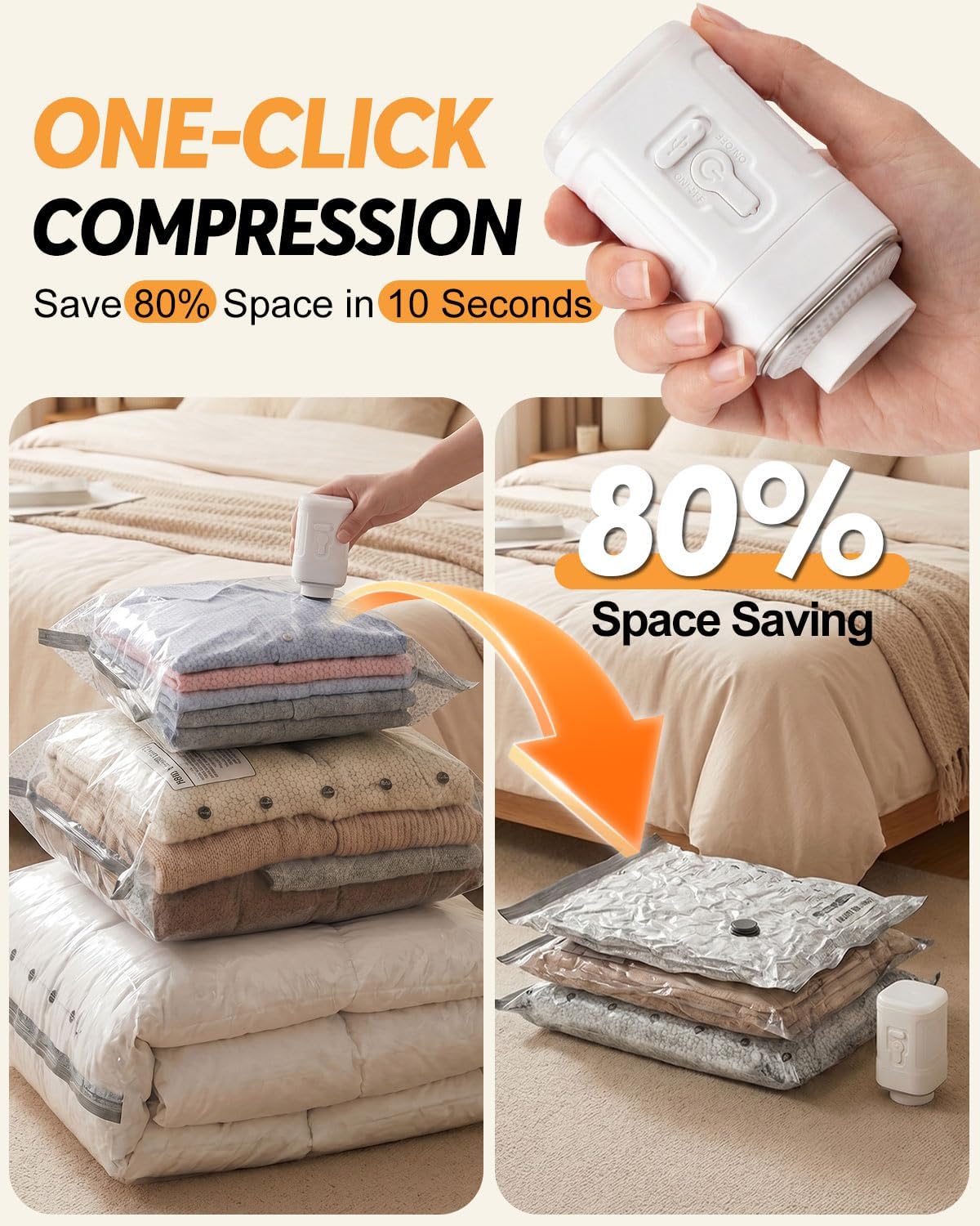 Vacuum Storage Bags with Rechargeable Cordless Pump, 15 Pack Vacuum Seal Bags for Clothing Travel, Space Saver for Clothes, Bedding, Pillows, Seasonal Storage
