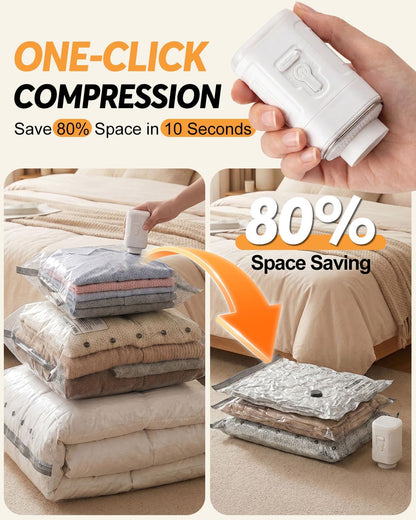 Vacuum Storage Bags with Rechargeable Cordless Pump, 15 Pack Vacuum Seal Bags for Clothing Travel, Space Saver for Clothes, Bedding, Pillows, Seasonal Storage