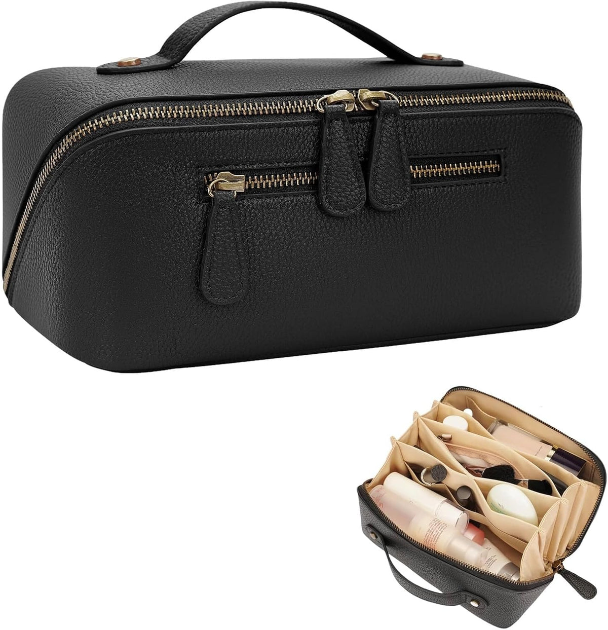 Travel Makeup Bag Large Capacity Cosmetic Bags for Women Waterproof Make up Organizer Toiletry Bag Open Flat Portable with Divider with Handle Pouch (Brown, 2L)