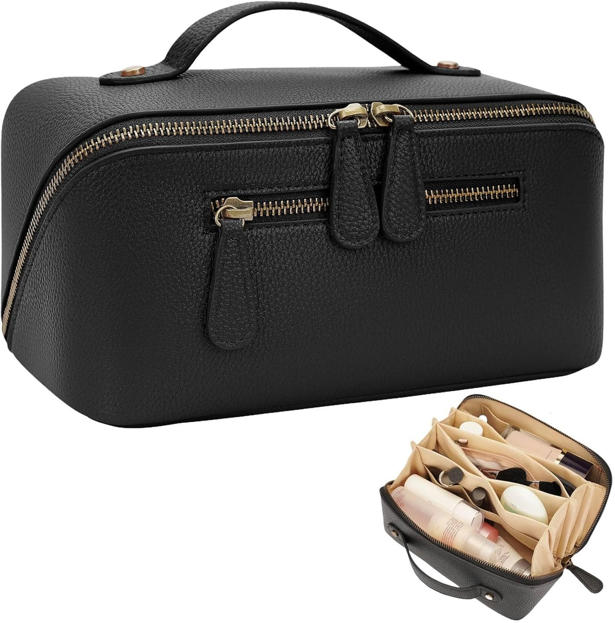 Travel Makeup Bag Large Capacity Cosmetic Bags for Women Waterproof Make up Organizer Toiletry Bag Open Flat Portable with Divider with Handle Pouch (Brown, 2L)