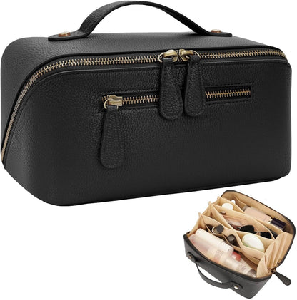Travel Makeup Bag Large Capacity Cosmetic Bags for Women Waterproof Make up Organizer Toiletry Bag Open Flat Portable with Divider with Handle Pouch (Brown, 2L)