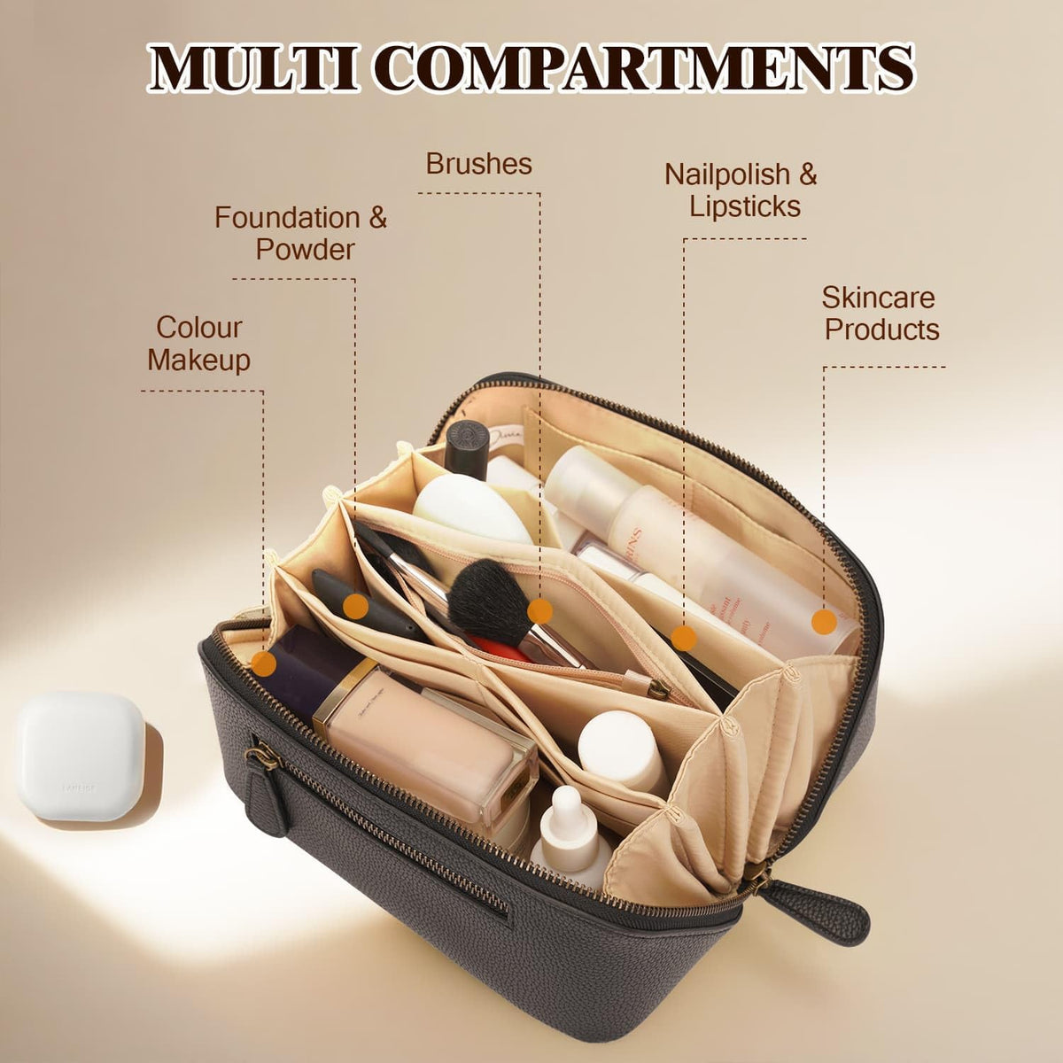 Travel Makeup Bag Large Capacity Cosmetic Bags for Women Waterproof Make up Organizer Toiletry Bag Open Flat Portable with Divider with Handle Pouch (Brown, 2L)