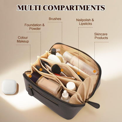 Travel Makeup Bag Large Capacity Cosmetic Bags for Women Waterproof Make up Organizer Toiletry Bag Open Flat Portable with Divider with Handle Pouch (Brown, 2L)