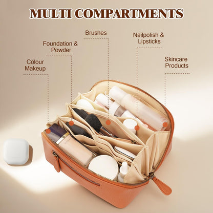 Travel Makeup Bag Large Capacity Cosmetic Bags for Women Waterproof Make up Organizer Toiletry Bag Open Flat Portable with Divider with Handle Pouch (Brown, 2L)