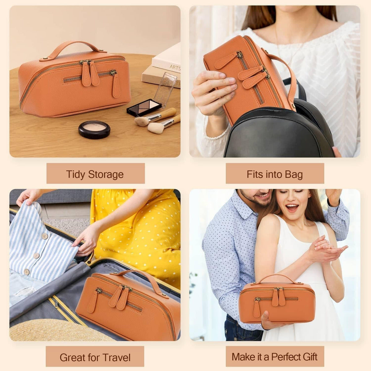 Travel Makeup Bag Large Capacity Cosmetic Bags for Women Waterproof Make up Organizer Toiletry Bag Open Flat Portable with Divider with Handle Pouch (Brown, 2L)