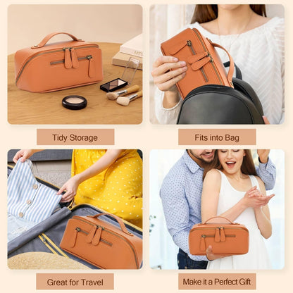 Travel Makeup Bag Large Capacity Cosmetic Bags for Women Waterproof Make up Organizer Toiletry Bag Open Flat Portable with Divider with Handle Pouch (Brown, 2L)