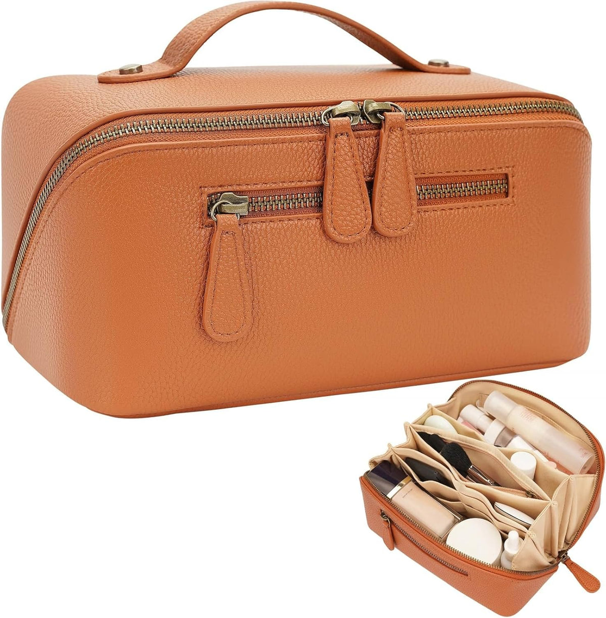 Travel Makeup Bag Large Capacity Cosmetic Bags for Women Waterproof Make up Organizer Toiletry Bag Open Flat Portable with Divider with Handle Pouch (Brown, 2L)