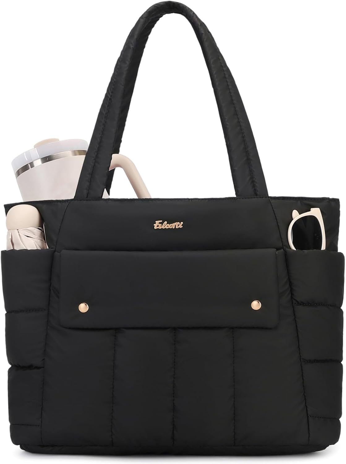 Large Puffer Tote Bag for Women, 21L Quilted Carry-On Purse with Luggage Sleeve, Padded Work Handbag for Travel, Gym