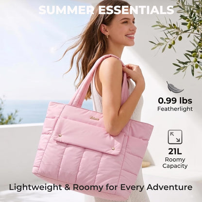 Large Puffer Tote Bag for Women, 21L Quilted Carry-On Purse with Luggage Sleeve, Padded Work Handbag for Travel, Gym