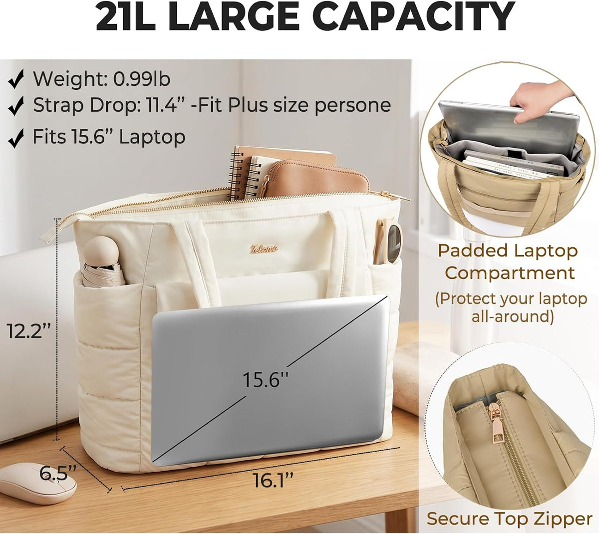 Large Puffer Tote Bag for Women, 21L Quilted Carry-On Purse with Luggage Sleeve, Padded Work Handbag for Travel, Gym