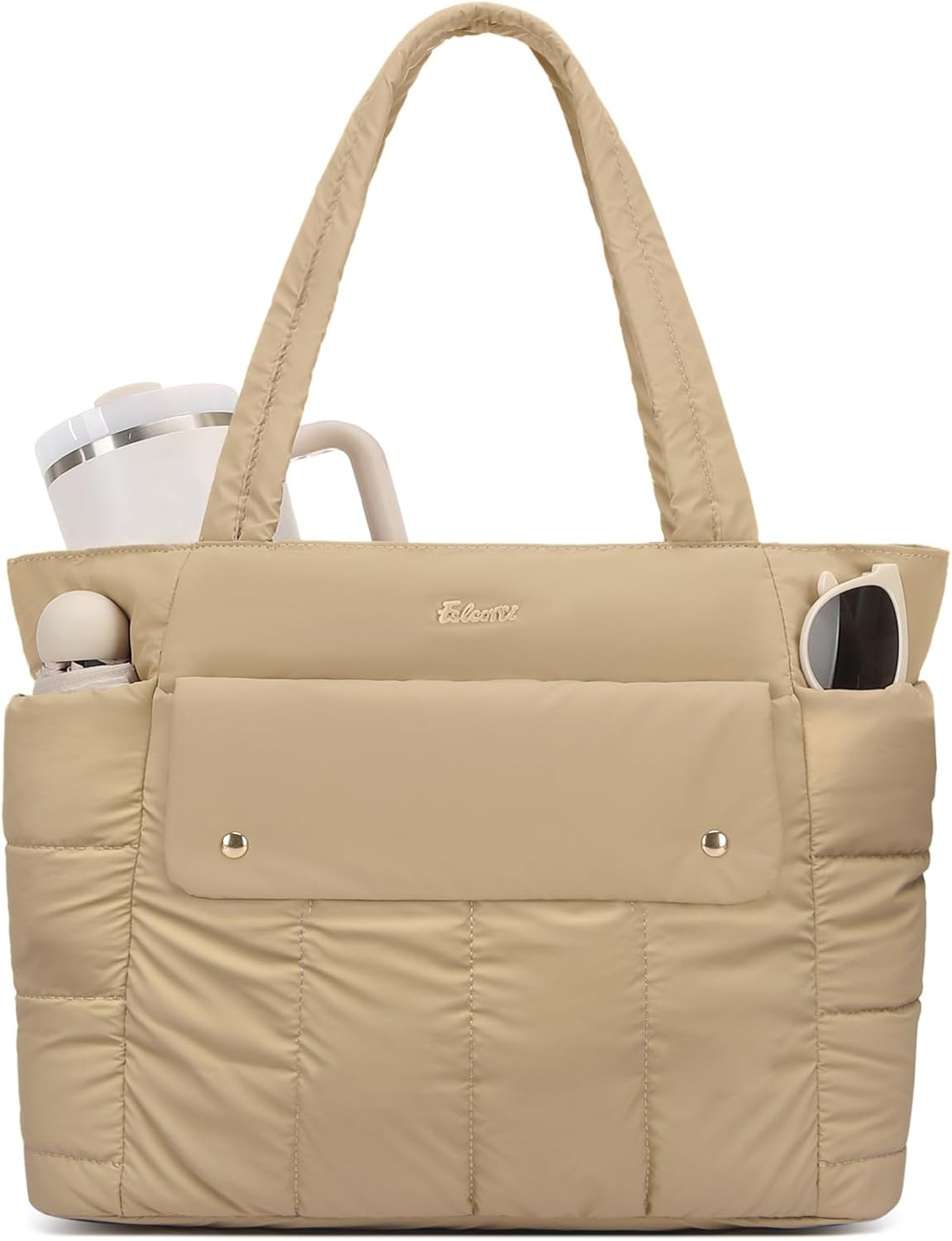 Large Puffer Tote Bag for Women, 21L Quilted Carry-On Purse with Luggage Sleeve, Padded Work Handbag for Travel, Gym