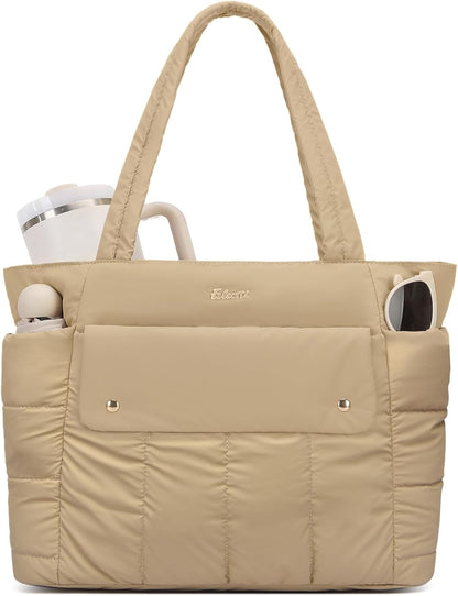 Large Puffer Tote Bag for Women, 21L Quilted Carry-On Purse with Luggage Sleeve, Padded Work Handbag for Travel, Gym