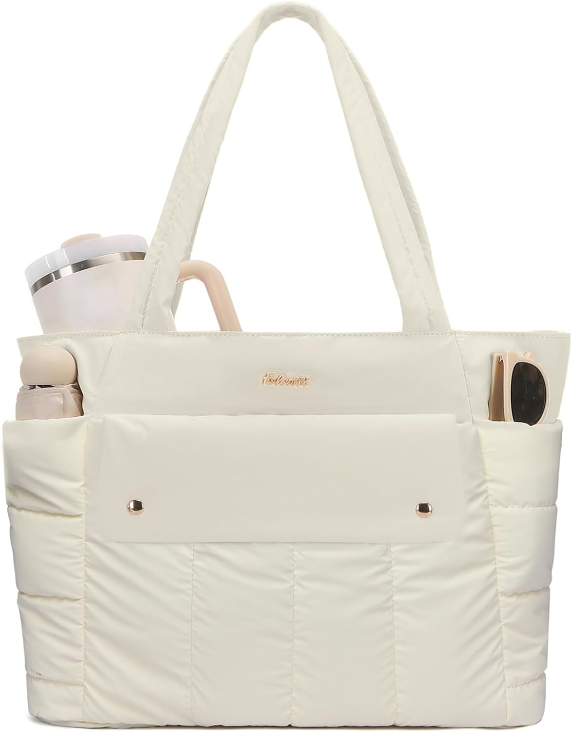 Large Puffer Tote Bag for Women, 21L Quilted Carry-On Purse with Luggage Sleeve, Padded Work Handbag for Travel, Gym