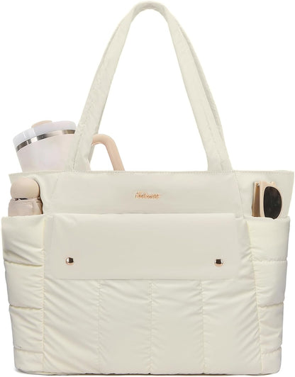 Large Puffer Tote Bag for Women, 21L Quilted Carry-On Purse with Luggage Sleeve, Padded Work Handbag for Travel, Gym
