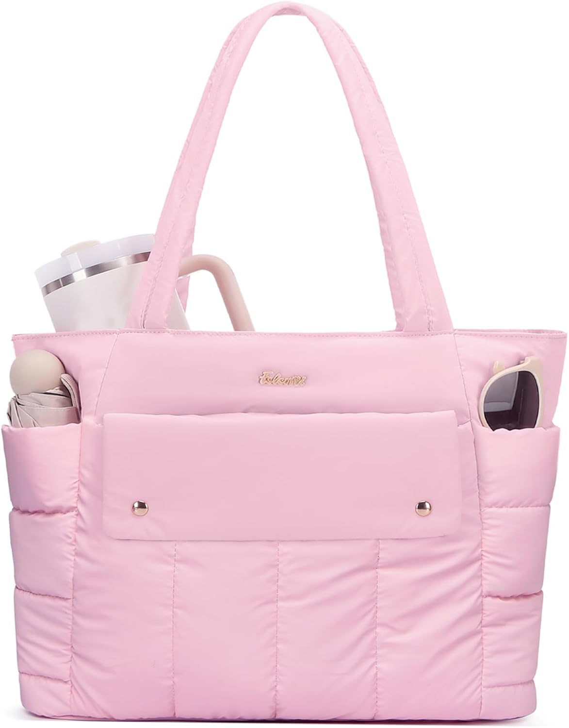 Large Puffer Tote Bag for Women, 21L Quilted Carry-On Purse with Luggage Sleeve, Padded Work Handbag for Travel, Gym
