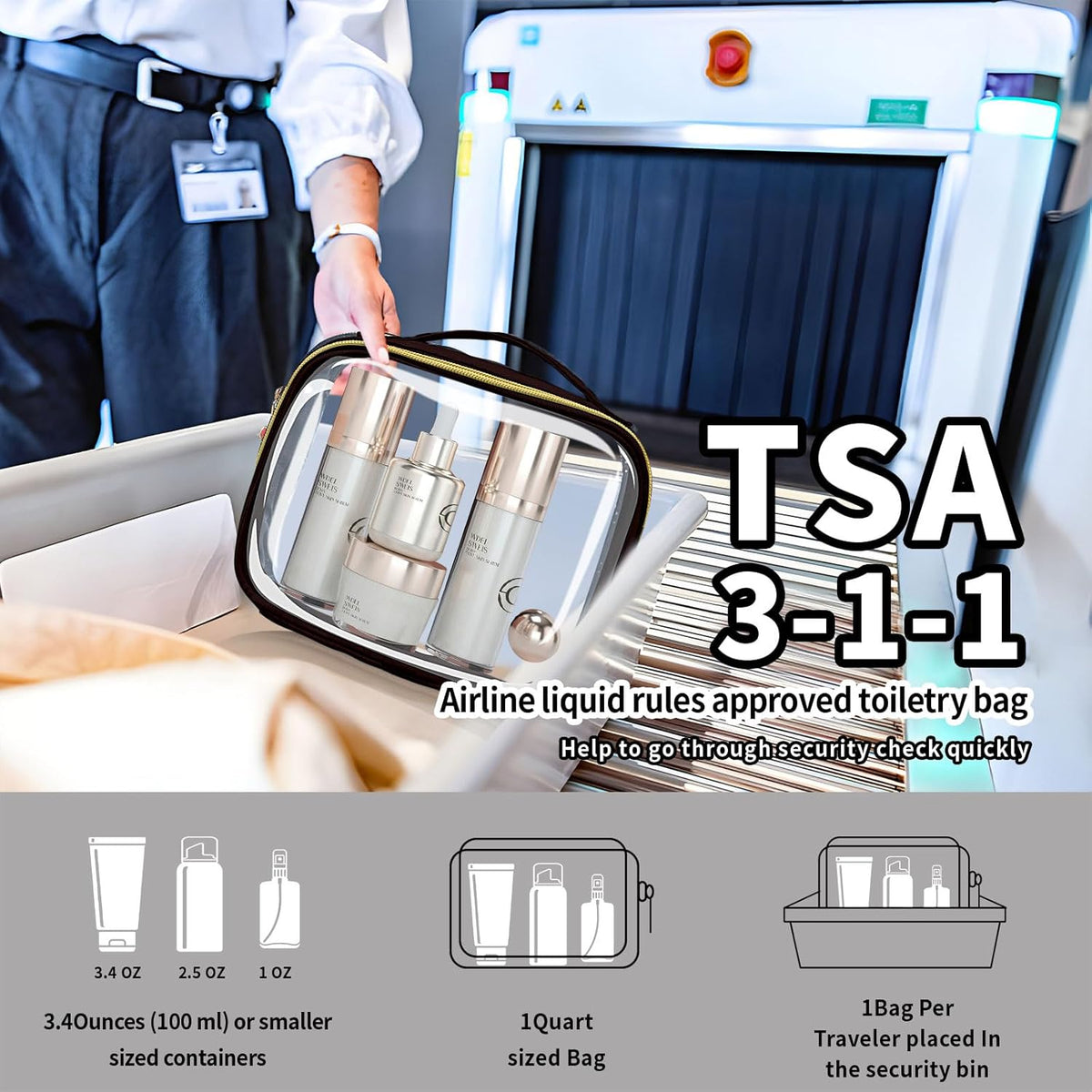 TSA Approved Travel Toiletry Bag, Clear Makeup Bags with Handles,Quart Size Clear Cosmetic Bags for Traveling Women,Men,Carry on Airport Airline Compliant Bag,Black