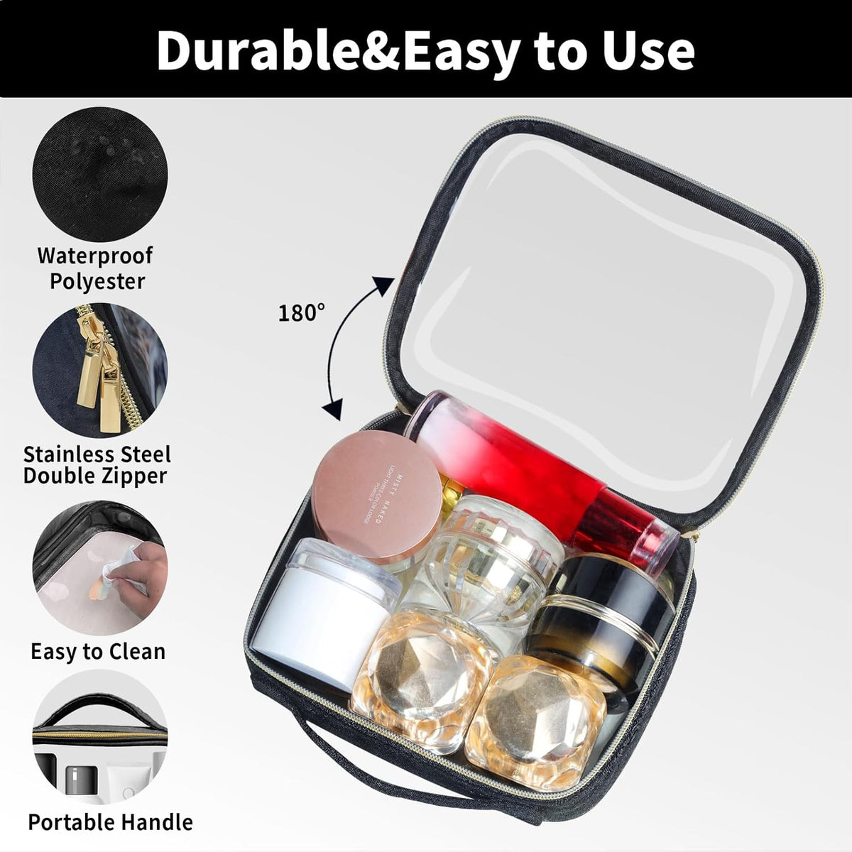 TSA Approved Travel Toiletry Bag, Clear Makeup Bags with Handles,Quart Size Clear Cosmetic Bags for Traveling Women,Men,Carry on Airport Airline Compliant Bag,Black