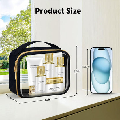 TSA Approved Travel Toiletry Bag, Clear Makeup Bags with Handles,Quart Size Clear Cosmetic Bags for Traveling Women,Men,Carry on Airport Airline Compliant Bag,Black