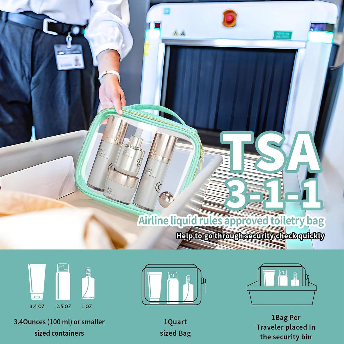 TSA Approved Travel Toiletry Bag, Clear Makeup Bags with Handles,Quart Size Clear Cosmetic Bags for Traveling Women,Men,Carry on Airport Airline Compliant Bag,Black