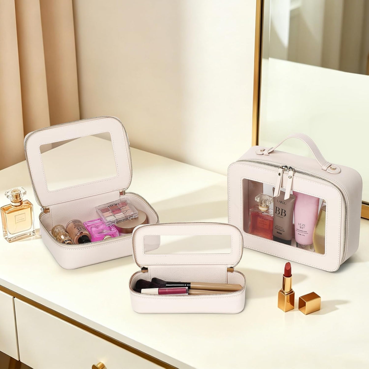 Travel Makeup Set, Black, L+M+SLIM | Waterproof, Transparent Cosmetic Bag, Toiletry Bag, Makeup Brush Case with Zipper, Car Essentials for Women