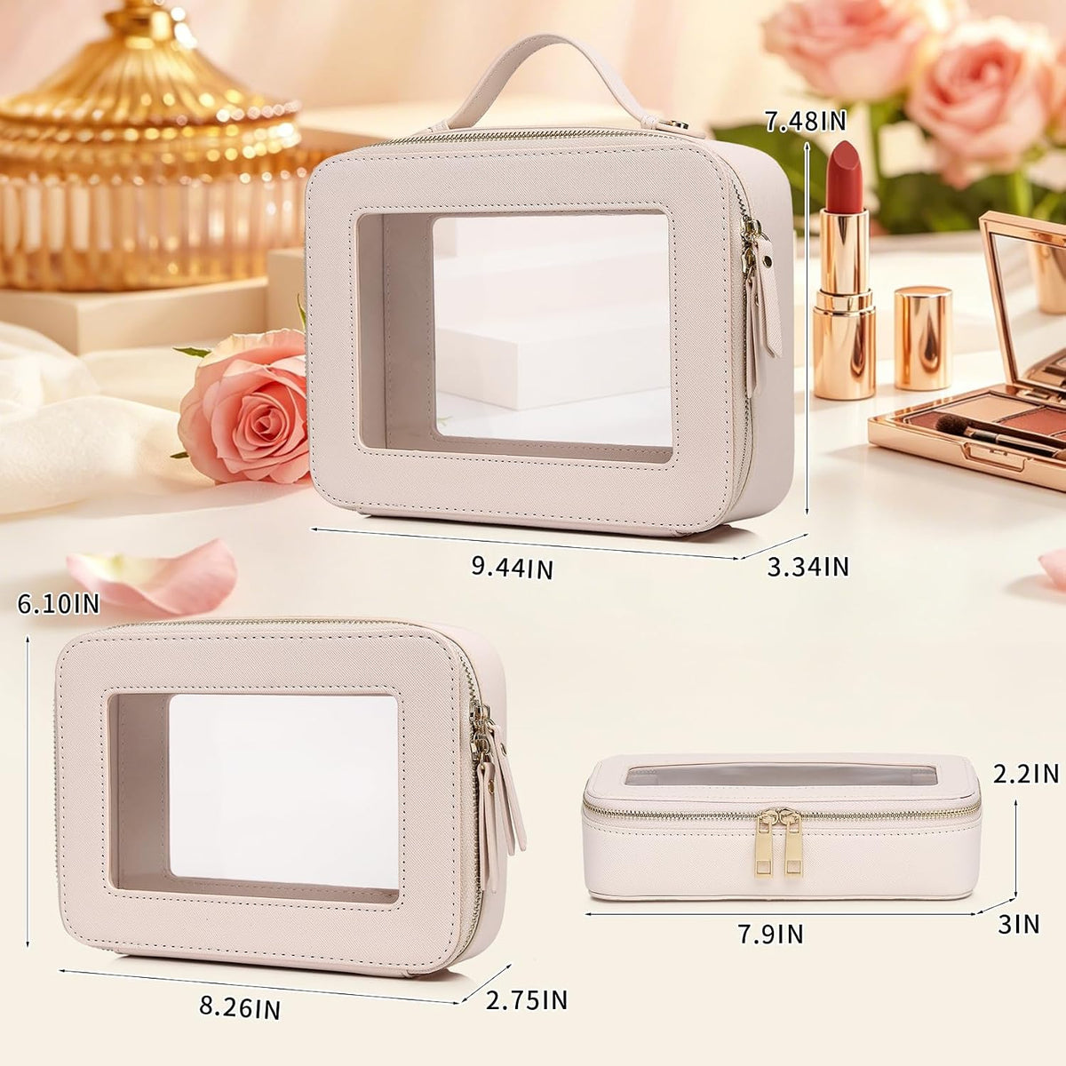Travel Makeup Set, Black, L+M+SLIM | Waterproof, Transparent Cosmetic Bag, Toiletry Bag, Makeup Brush Case with Zipper, Car Essentials for Women